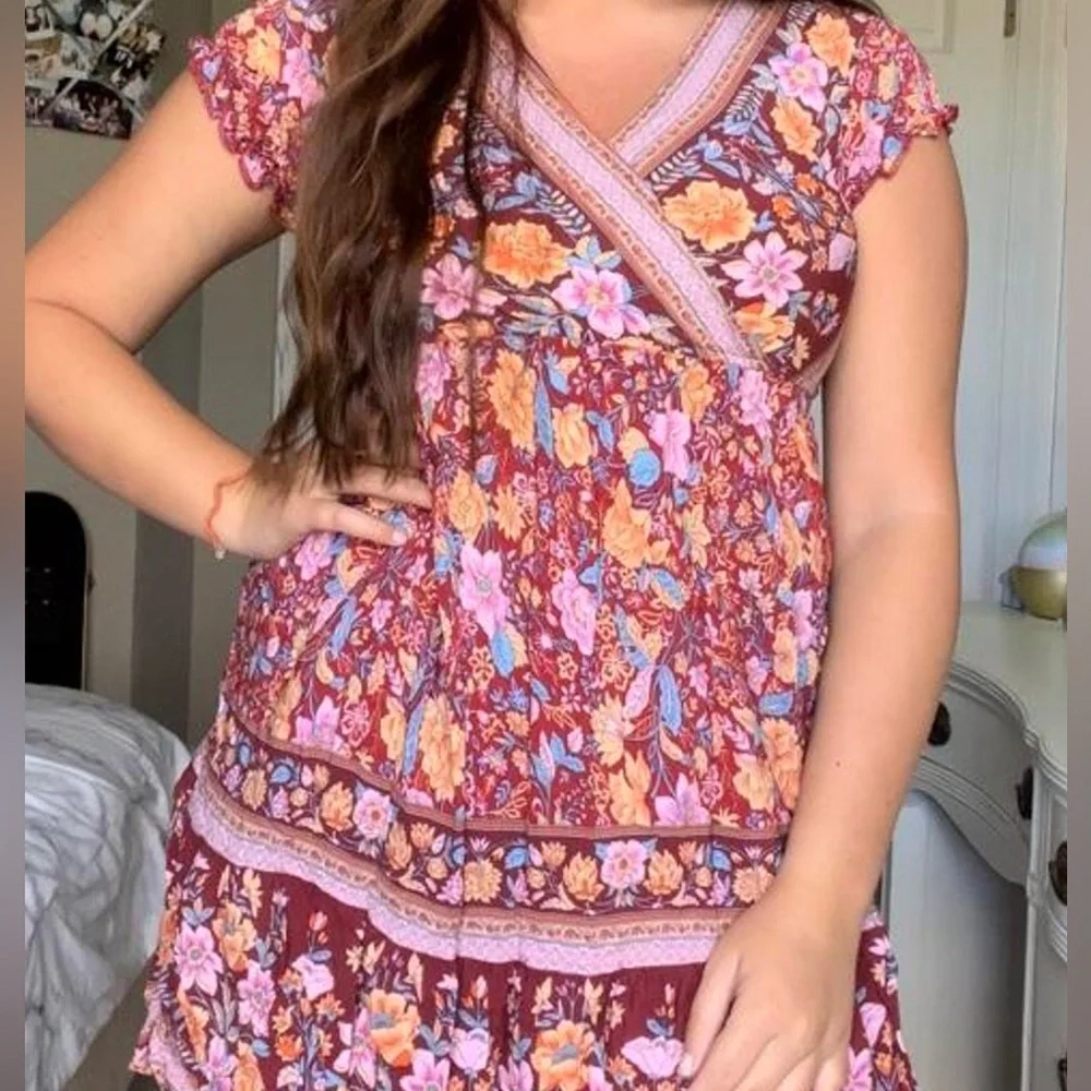 Red Boho Flutter Floral Dress - Picture 1 of 7